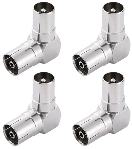 KUOQIY 4 Pezzi Adattatore Coassiale per Antenna TV 90 Grad, TV PAL Maschio a Femmina Connettore, Angolo Retto RF Coassiale Adattatore, per Antenna, Satellitari, Cavi Coassiali, Placcato Nickel