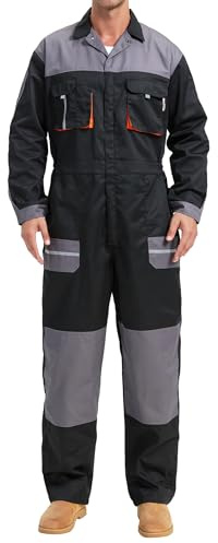 Yukirtiq Salopette de travail pour homme Multi Poches Salopette de garage Combinaison à fermeture éclair Combinaison de travail en une pièce pour mécanicien, noir, Large