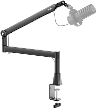 BASN Low Profile Mic Arm, Microphone Boom Arm Stand with Desk Clamp - Rotatable & Storable Design, Cable Management Channel, 3/8 to 5/8 Thread Adapter for Podcast, Gaming, Streaming, Vocal Recording