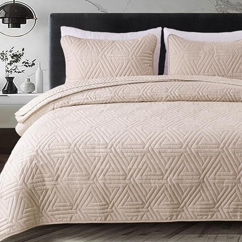 Whale Flotilla Tagesdecke 260x280 cm Mikrofaser Bettüberwurf | Weich, Leicht, Bedspread mit 2 Kissenbezüge, Sofaüberwurf, Steppdecke, Geomuster, Ganzjährige Bettwäsche, Beige