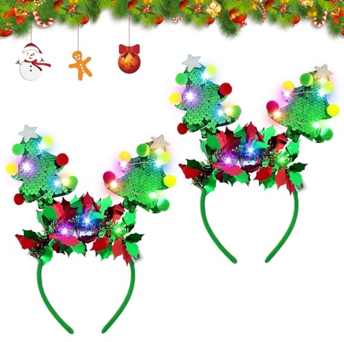 Haarreif Weihnachten, 2 Stück Weihnachts Haarreif mit LED, Leuchtende Weihnachts Haarschmuck, Haarreifen Weihnachten, Weihnachts Kopfschmuck, Weihnachtshaarreifen Erwachsene, Weihnachts Accessoires