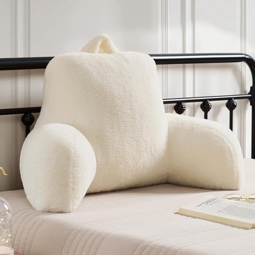 Jillche Bed Faux Fur Reading Pillow for Bed/Couch/Floor/Dorm, Great Cozy Back Pillow for Bed Sitting Up, Fluffy Fur Bed Pillow for Sitting Up for Adults/Teens/Kids, Upgrade Back Support Pillow, Ivory