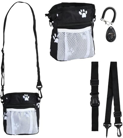 Kaslaider Porta Premietti per Cani con Clicker, Borsa Addestramento Cani con Dispenser per Sacchetti per Cani, Sacchetto per Snack Cani con Impronta di Zampa, Poliestere Impermeabile, Nero