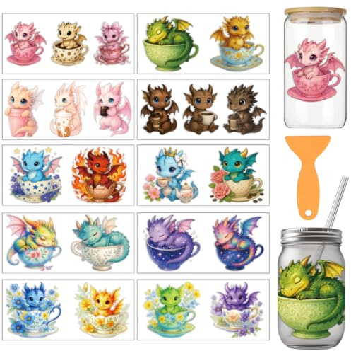 arricraft 10 Stück Teetasse Drachen Motiv PVC Tassen Transferaufkleber Bunter Teetassenaufkleber Mit Kleinem Drachenmotiv UV Und Wasserfest Für 16oz Gläser Fenster Dekoration Für Zuhause 16cm