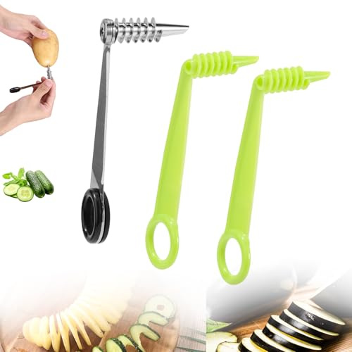 Lyreh 3pcs Spiral Cutter Knives, Stainless Steel & Plastic Vegetable Slicer Cutters Manual Spiral Screw Slicer Practical Kitchen Accessories for Potatoes Cucumbers Carrots