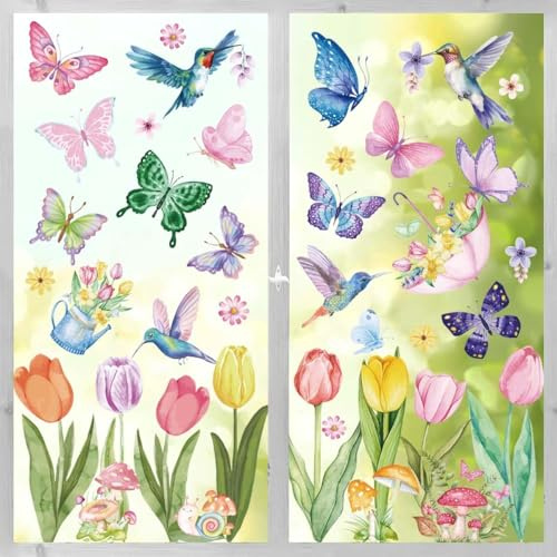 8 Blätter Fensterbilder Frühling Selbstklebend, Tulpen Schmetterlinge Vögel Blumen, Fenstersticker Frühling Anti-Kollision, Wiederverwendbar für Schlafzimmer Wohnzimmer Badezimmer(A)