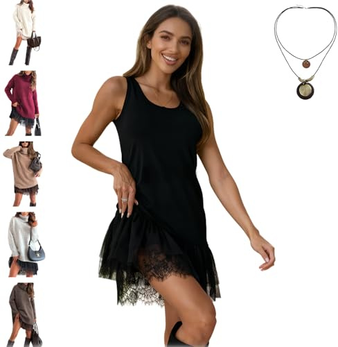 Genérico Vestido tipo suéter con ribete de encaje, elegante vestido lencero con ribete de encaje y suéter, conjunto de minivestido cons cuello alto para mujer (m,Black inner layer)