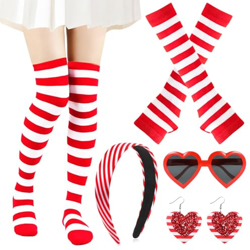 Köln Karneval Kostüm Damen, Köln Haarreif Rot Weiß, Handschuhe, Ringelstrümpfe, Herz Brille, Ohrringe für Kölner Faschingskostüme, Karneval Rot Weiss Kostüm Accessoires, Kölle Faschingskostüme Party