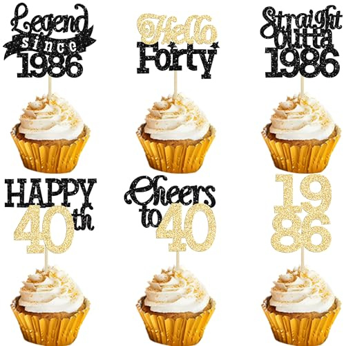 Gyufise 24Pcs Happy 40th Birthday Cupcake Toppers Hello Forty Legend Since 1986 Cupcake Picks Cheers to 40 Years Cake Decorations for 40th Birthday Anniversary Party Supplies Black Gold