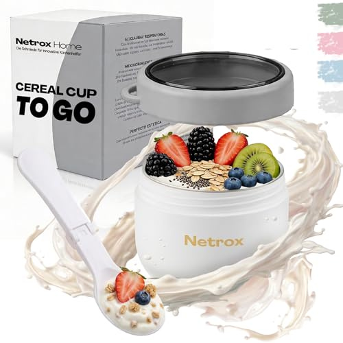 Netrox Tazza Muesli da Asporto Isotermica con Cucchiaio, 600 ml | La struttura isotermica in acciaio inox aiuta a mantenere la temperatura; il coperchio ermetico limita le fuoriuscite.