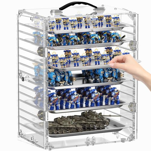 OUUTMEE Miniature Storage Case with 6 Metal Trays, Clear Acrylic Carry Case | Portable Miniatures Transport Case with Magnetic Door to Storage Miniatures for Tabletop Gaming, RPG Models