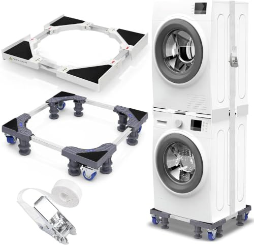 Kit de Superposition Réglable pour Lave-Linge et Sèche-Linge avec Socle Mobile, Cadre 46–72 cm, Base 43–60 cm, 4 Roulettes avec Frein, 8 Pieds Anti-Vibration, Sangle à Cliquet 6 m