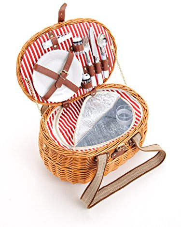 WOMA Picknickkorb rot weiß gestreift für 4 Personen I Geflochtener Weidenkorb mit Besteck, Geschirr & Weingläsern für Fahrrad & Auto I Moderner Picknickkorb mit Tragegriff & Kühlfach