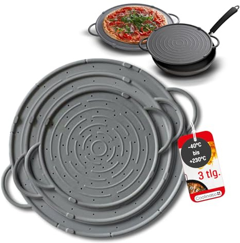 Coolinato Spritzschutz Silikon 3er Set grau für Pfannen, Pfannenspritzschutz und Untersetzer 31cm, 26cm und 21cm, universal backofenfest