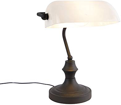 Qazqa - Klassisch I Antik Klassische Notarlampe schwarz mit Opalglas - Banker I Wohnzimmer I Schlafzimmer I Bankerleuchte - Länglich - LED geeignet E27