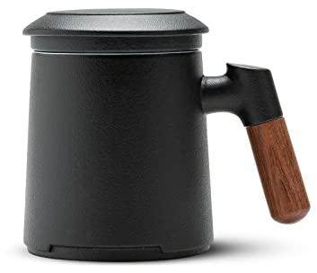 ZENS Tea Cup with Infuser and Lid for Loose Leaf Tea Steeper, 12oz Black Ceramic Tea Mug with Wood Handle for Tea Lovers Gifts