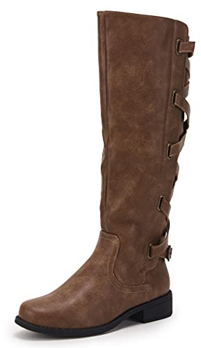 Coutgo Womens Lace Up Knee High Boots Motorcycle Riding Flat Low Heels Strappy Winter Combat Boots