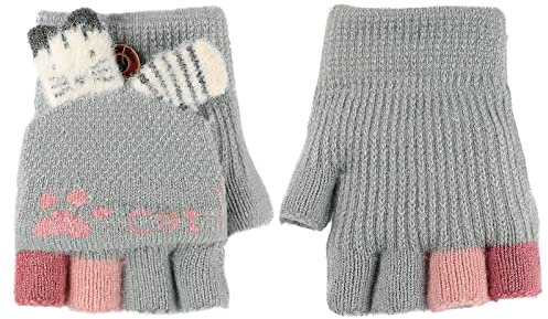 AfinderDE Kinder Fausthandschuhe Mädchen jungen Abnehmbare Klappe Strickhandschuhe Fäustlinge Handschuhe Fingerhandschuhe Fingerlos Halb Handschuhe Strick Handschuhe Winterhandschuhe (Grau 3), L