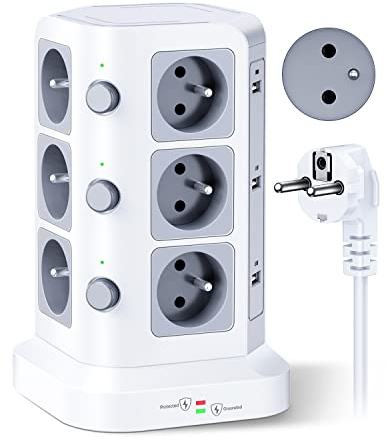 KOOSLA Tour Multiprise Type E, 12 Prises, 6 USB | 12 Prises Type E, 6 USB, 4000W/16A, 3 Interrupteurs, Parafoudre