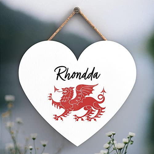 Global Designs Rhondda Welsh Dragon Location Wooden Heart Hanging Plaque