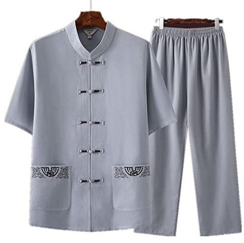 keephen Costume Tang Chinois à Manches Courtes pour Hommes Hanfu Kung Fu Tai Chi Ensemble été Coton Lin Chemises + Pantalon Ensemble