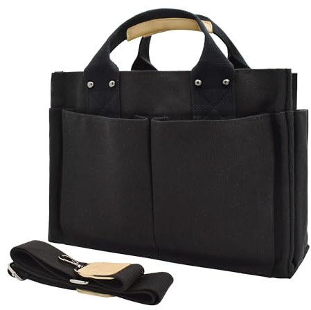 Damen Mittelgroß Handtasche Canvas Umhängetasche Schultertasche Shopper Multifächer für Bücher Reisen Alltag Schule Arbeit mit Schultergurt schwarz