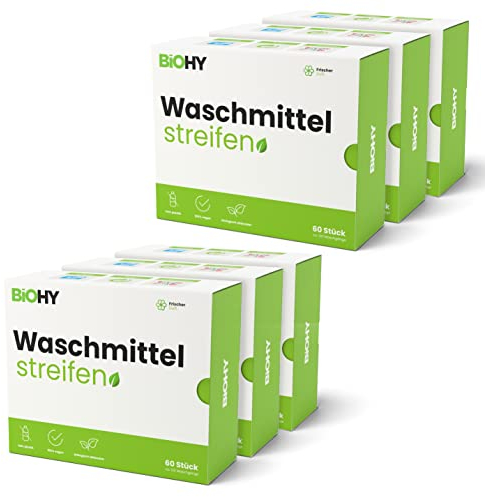 BiOHY Waschmittel Blätter (6 x 60 Stück) | Nachhaltiges Universal Reisewaschmittel ohne Plastik | Biologisch abbaubares Waschpapier | Wasserlösliche Streifen | Dermatest Zertifikat „Sehr Gut“ (2025)