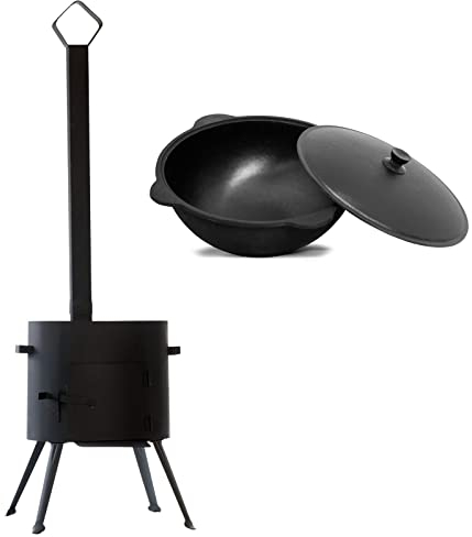 Ø36 Uchag mit Abzugs-Rohr - Utschak Feuerstelle Feldküche Außenküche Eintopfofen - Feuerofen mit Kazan 10 L aus Gusseisen - Gulaschkanone Uchak Utschag - Tatarskij Plow BBQ Grillen Geschenk