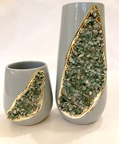 Grey and Gold Ceramic Vase/Planter/Pot/Wine Goblet/Mug with Light Green Semi - Precious Agate Crystal Gemstones |Small (Height 4 inches), (Gold - Finish)