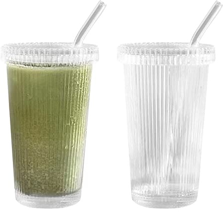 SMELEYOU Iced Coffee Glass,Coffee Cups, 2Pcs Glass Cups with Lids and Straws, Ribbed Vertical Striped Glass Coffee Mug with Straw and Lid Smoothie Iced Coffee Mug 375ML
