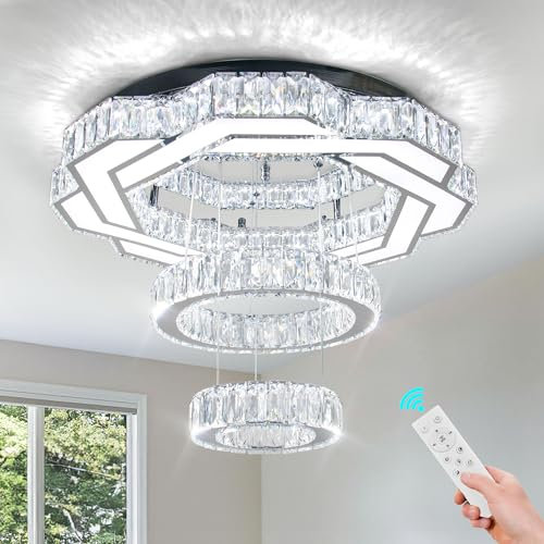 FRIXCHUR 22.5 Crystal Chandeliers Modern Crystal Ceiling Light LED Flush Mount Chandelier Flower Ceiling Light Fixtures for Living Dining Room Bedroom Lighting (Dimmable)
