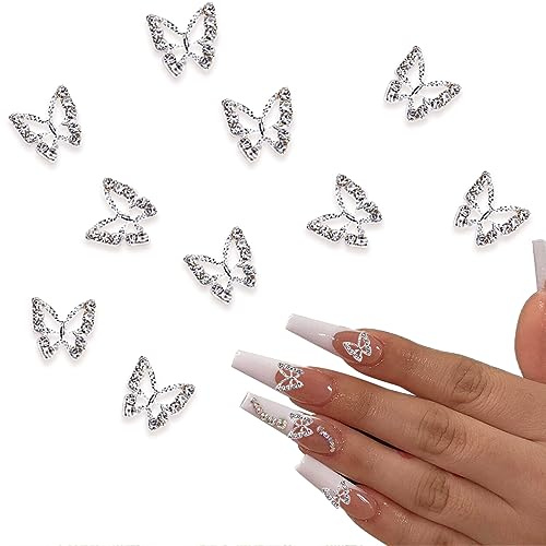 IOSPKKIO® 10 Stück Legierungs-Schmetterlings-Nagel-Charms Silber Metall-Schmetterlings-Nagel-Kunst-Anhänger Strasssteine für Nägel Nagel-Edelsteine Schmuck