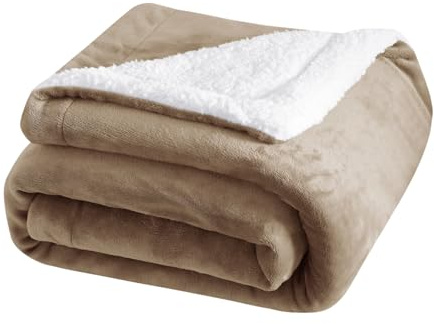 UYEESE Sherpa Fleece Throw Blanket Beige - Single Size 50 x 60(127cm x 152cm) Warm Reversible Blanket for Bed and Couch