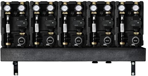 ENVIRON- 5er Modulverteilergruppe 5 Pumpengruppen auf Verteilerbalken [gemischt/ungemischt wählbar] | 3 Wege Mischer Stellmotor DN25 Umwälzpumpe Heizung (3x gemischt 2x ungemischt | Pumpen 180mm)