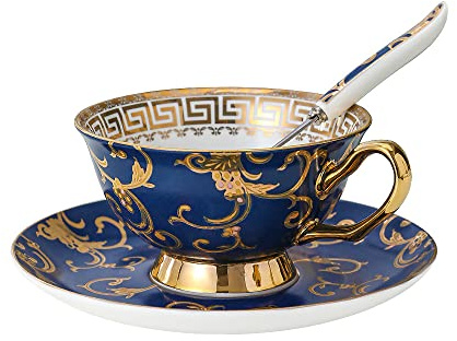 WULUN Ensemble de tasses à café en porcelaine fine à fleurs bleues, tasse à thé vintage en porcelaine avec soucoupe et cuillère 220 ml
