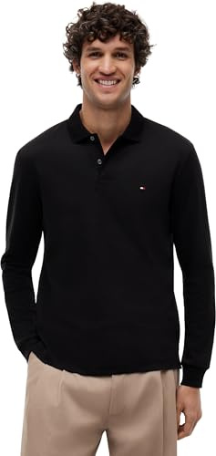 Tommy Hilfiger Polo de Manga Larga Hombre Liquid Cotton Regular Fit, Negro (Black), S