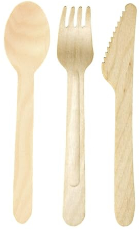 TronicXL 100 STÜCK Einweg Messer + Gabeln + Löffel Holz Einwegbesteck Besteck Holzmesser Einweggabeln Camping Grillen BBQ Einwegmesser Campinggeschirr