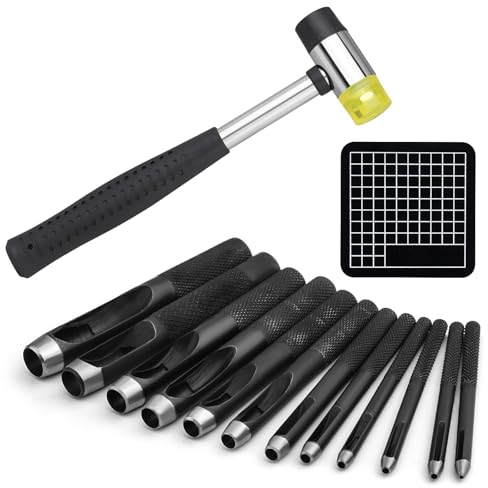 SUVSOON Hollow Hole Punch Set(1.0-10mm), 12 Sizes Leather Punch Tool with Carving Hammer And Cutting Mat, Round Hole Punch for Belts Wristband, Hole Punch Set for Leather DIY