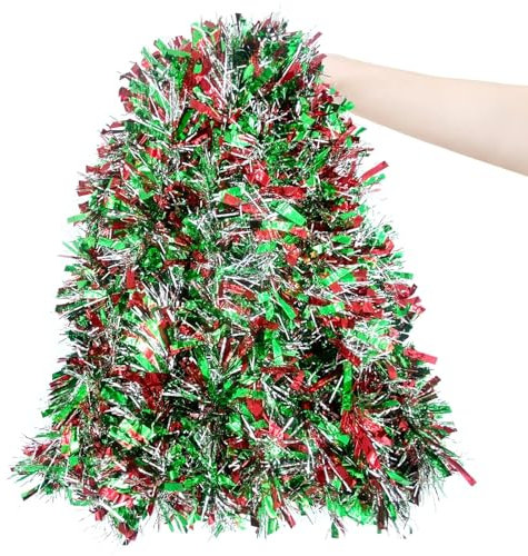 6M Christmas Red/Green/Silver Tinsel, Chunky Xmas Tinsel Garland for 7 feet Christmas Tree, Fireplace, Stairs, Wreath, Doorway, Window, Table Centerpiece, Xmas Party Supplies
