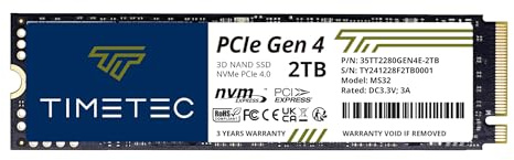 Timetec 2TB PCIe 4.0 SSD NVMe PCIe Gen4x4 M.2 2280 3D NAND TLC 1000TBW SLC Cache Read/Write Speed Up to 5,000/4,500 MB/s Internal Solid State Drive Compatible for PS5, PC Laptop and Desktop