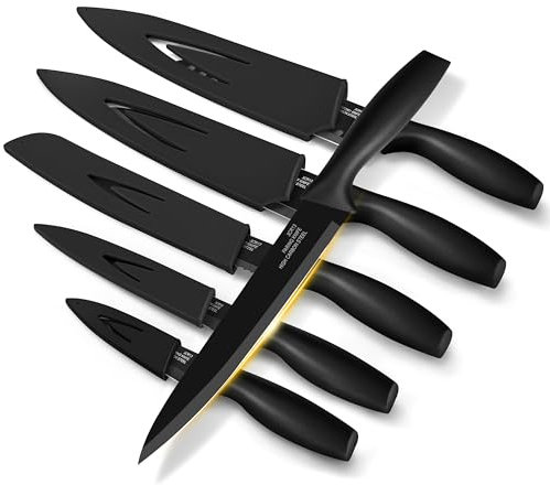 Homikit Küchenmesser Set, Edelstahl 6-tlg Messer Set mit Schutzhülle, Scharfes Messerset mit Kochmesser Fleischmesser Brotmesser Allzweckmesser Schälmesser Santokumesser, Antihaftbeschichtet, Schwarz