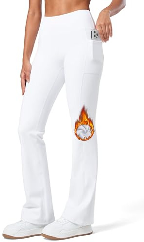 WILLIT Damen Thermo Flare Leggings Winter Fleece gefütterte Yogahose Warm Sportleggins Laufhose Bootcut Hose High Waist mit Taschen Weiß L