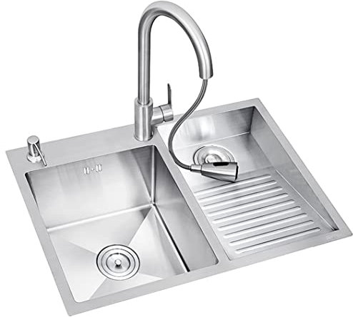 Silver Tvättpool Med Neddragbar Kran & Avloppssatser, Balkong Hushåll 304 Rostfritt Stål Tvättställ, Dubbel Skål Tvättställ Med Tvättbräda, Stort Tvättställ,80cm-Right
