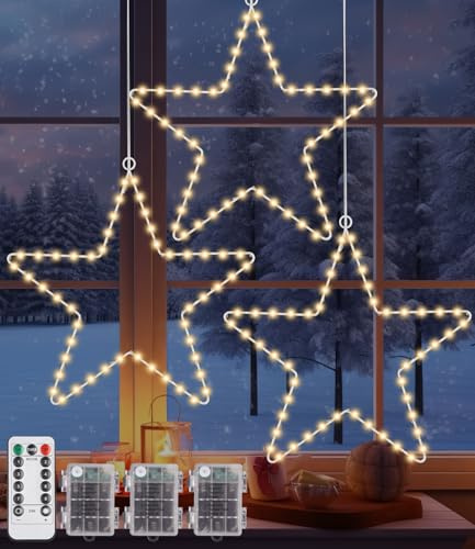 Kureny Lumières d'étoile de Noel, 50 LED Décoration Fenêtre Noel Etoile Lumineuse à Piles, Lumières de Noël Fenêtre, lot de 3 Lumières Décoration de Noël à LED Étoiles, Blanc Chaud