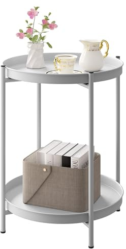 WOLTU Beistelltisch rund, Couchtisch mit Stauraum, 2 abnehmbare Tabletts, Wohnzimmertisch Nachttisch Sofatisch, Kleiner Tisch für Wohnzimmer Schlafzimmer, aus Metall,Hellgrau, BTS17hgr