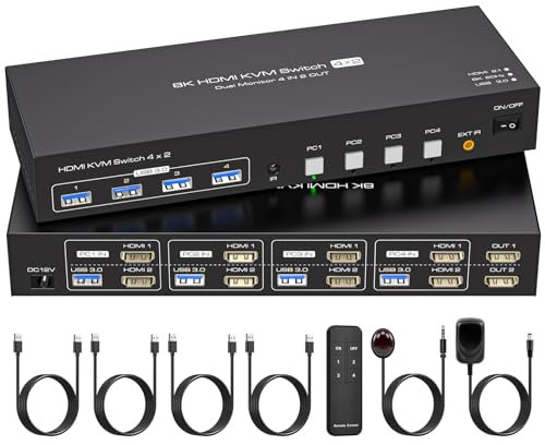 VPFET 4K144Hz HDMI KVM Switch 4 PC 2 Monitore 8K60Hz USB 3.0 KVM Umschalter Simulation EDID für 4 PC Aktie 2 Monitore und 1 Satz Tastatur Maus Drucker Unterstützt Replikation und Erweiterung Modus