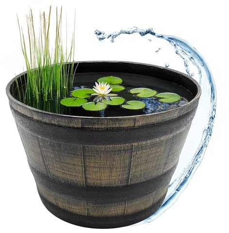 Miniträdgårdsdamm av plast i träkrukdesign – 51 cm – vattenkanna i ekfat utseende brun – trädgårdsdekoration miniek planteringskruka, blomlåda, träfat, vattentråg, zuber bottich