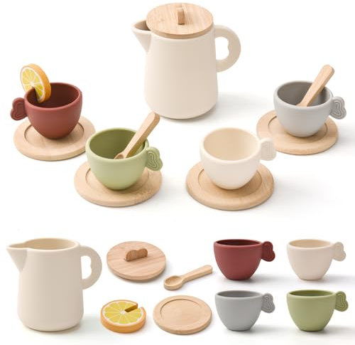 LTFIOON Servizio da Tè per Bambini in Legno Silicone, Set Cucina Giocattolo 13pcs per Giochi di Ruolo, Tisana Realistica con Teiera, Tazze Accessori, Regalo Educativo per Bambine e Bambini dai 3 Anni