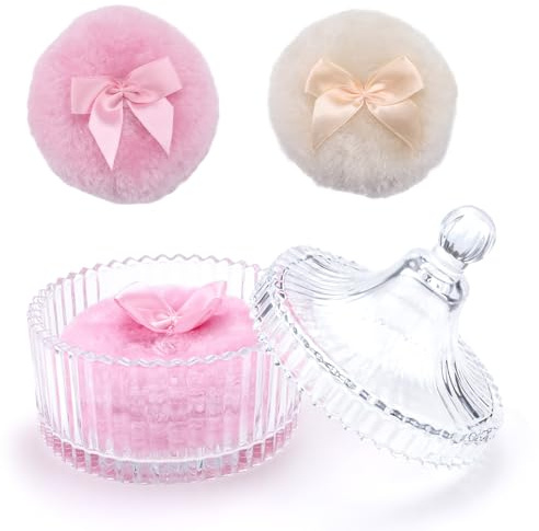 Huakaile 2 Stück große Körperpuderquaste und Behälter, rosa & beige, Glaspuderbehälter mit Puff, waschbar, wiederverwendbar, weicher Applikator für Gesicht, nasses, trockenes Make-up (3 Stück)