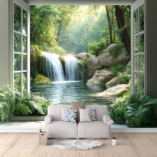 3D Wallpaper Forest Waterfall Lake 300x256cm,Modern Art Wall Murals Photo Wall Mural Outside The Window,for Living Room Bedroom Children's Room Home Decoration, Easy to Install